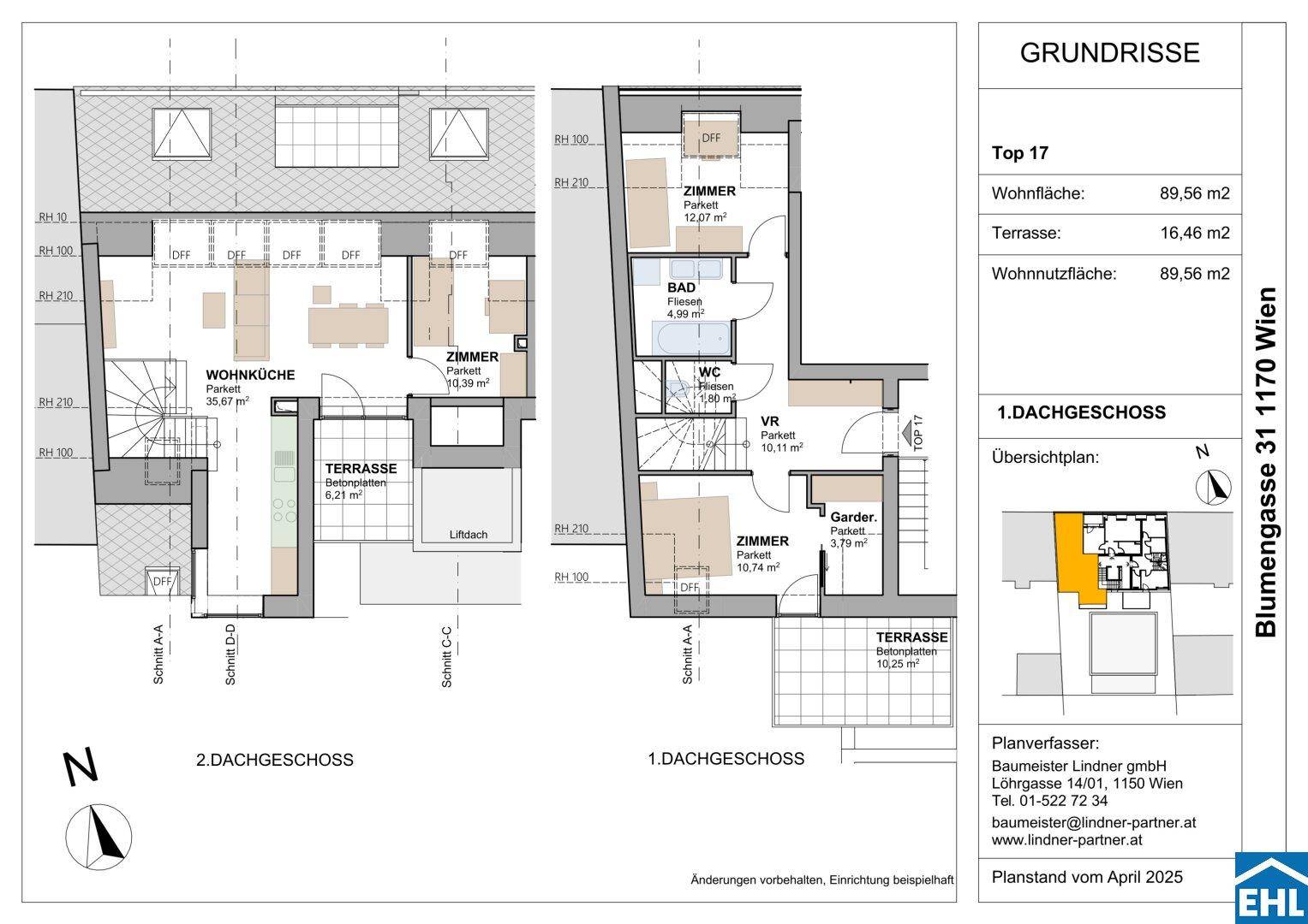 Grundriss der Dachgeschosswohnung Top 17 mit Wohnküche, Zimmern und zwei Terrassen.