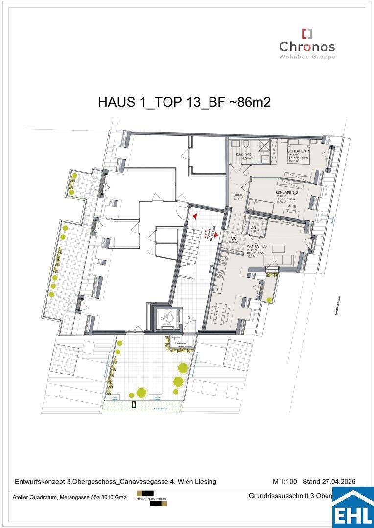Grundriss einer modernen 86m² Wohnung im 3. Obergeschoss mit offenem Wohnbereich, zwei Schlafzimmern, Bad und großer Terrasse.