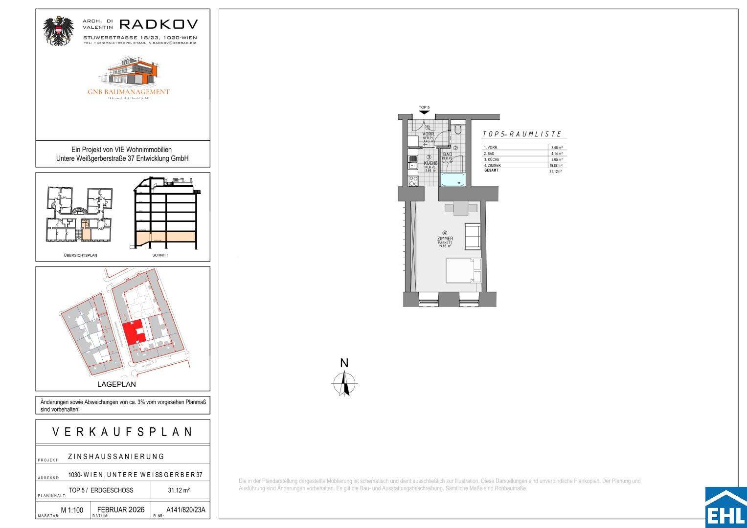 Grundrissplan einer Wohnung im Erdgeschoss mit Raumliste und Gesamtfläche von 31,12 m².