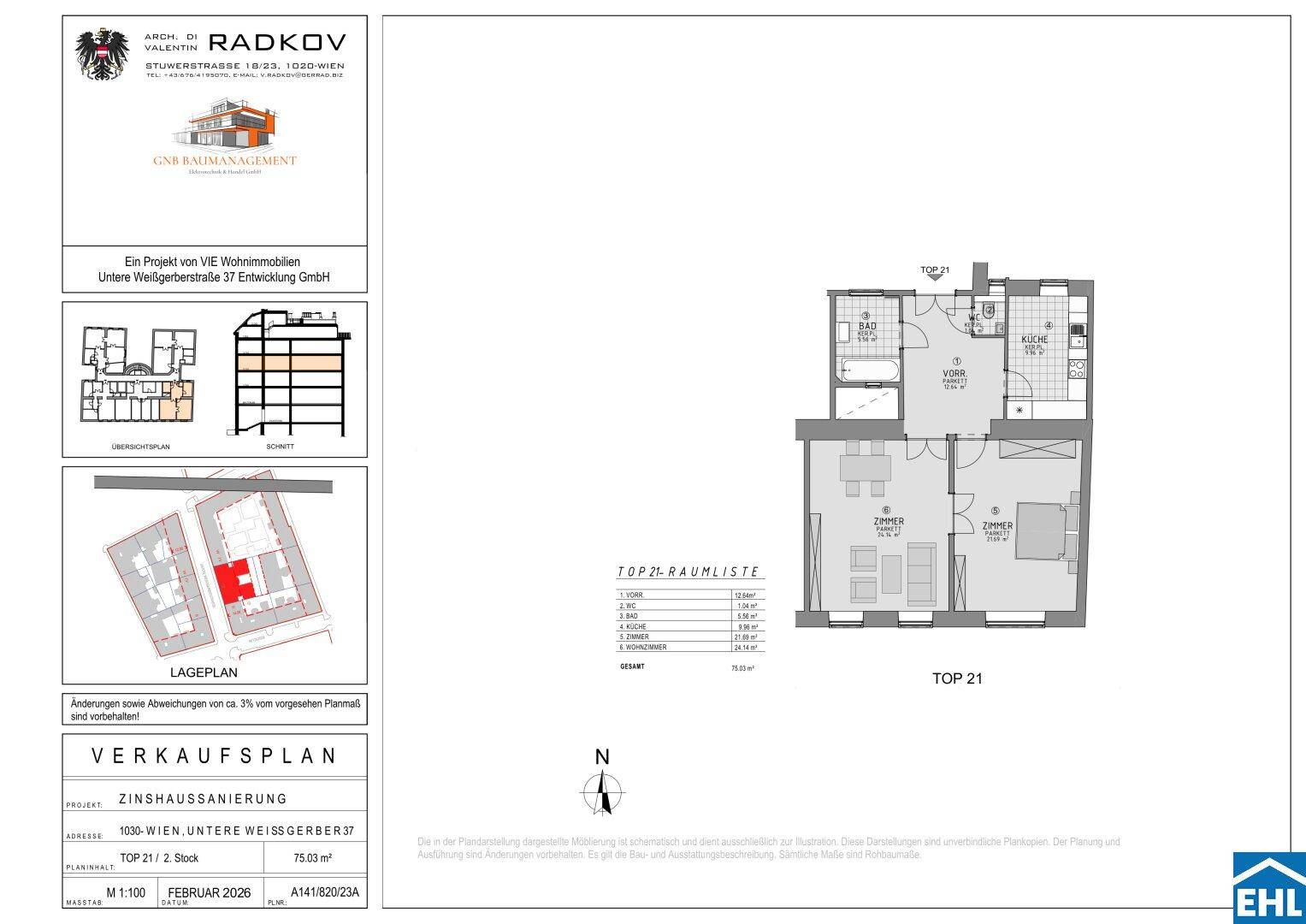 Grundrissplan einer Wohnung mit separater Küche, Wohnzimmer, Schlafzimmer, Bad und Gäste-WC.