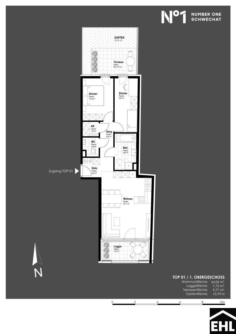 Grundriss einer Wohnung im ersten Obergeschoss mit Loggia, Terrasse und Gartenanteil.