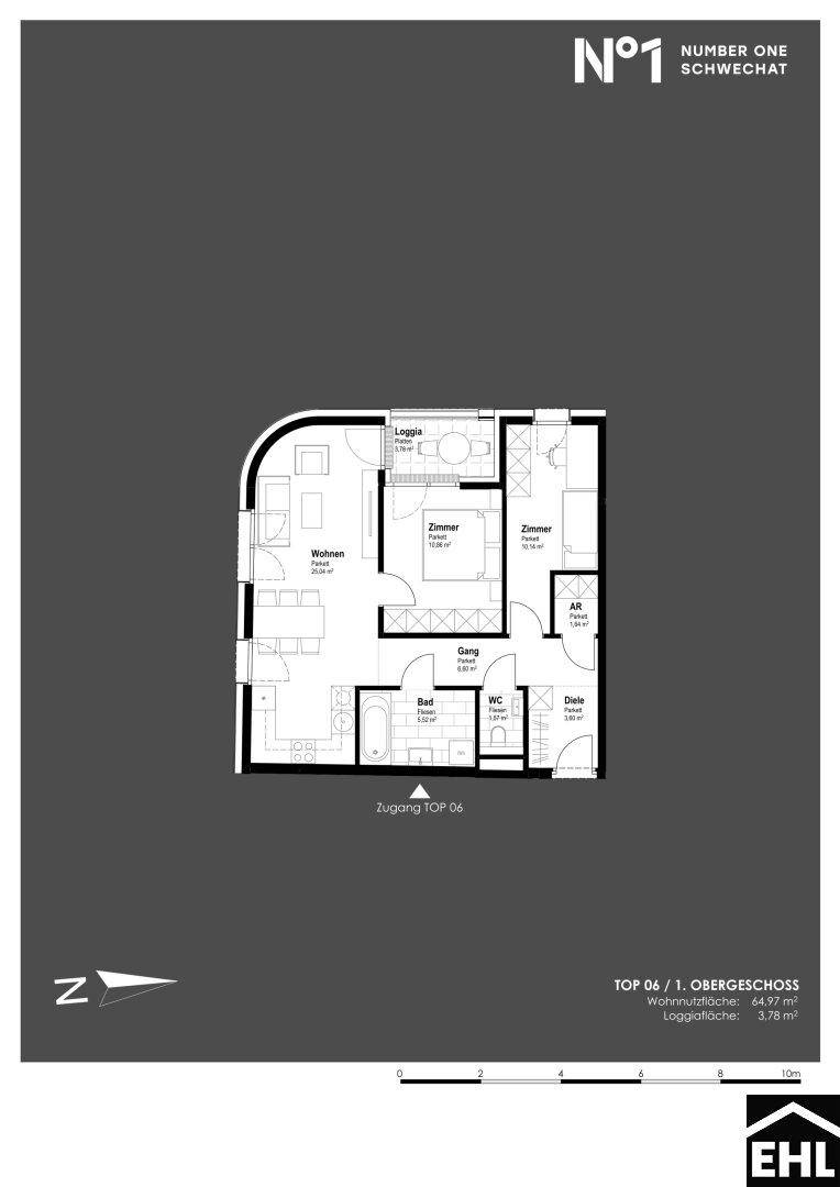 Grundriss einer Wohnung mit Loggia, zwei Schlafzimmern und offenem Wohnbereich.