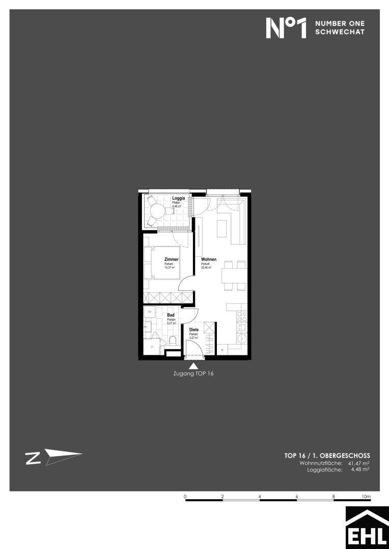 Grundriss für eine Wohnung im ersten Obergeschoss mit Loggia und separatem Bad.