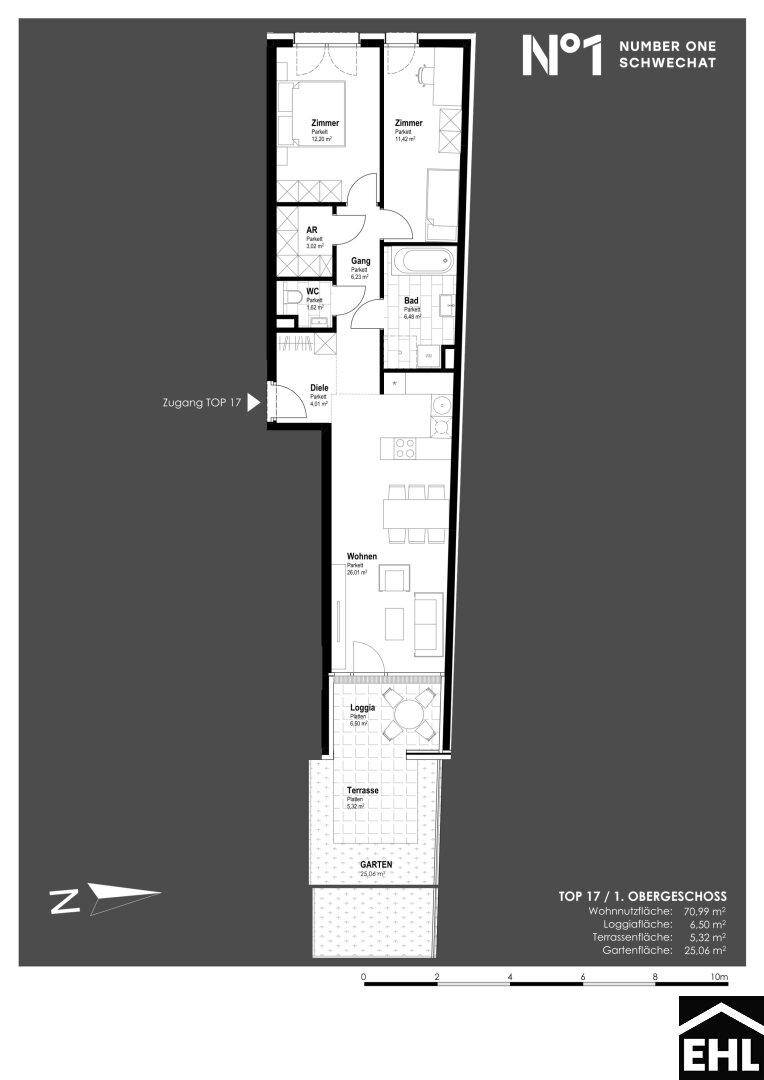 Grundriss einer Wohnung im ersten Obergeschoss mit Loggia, Terrasse und Garten.