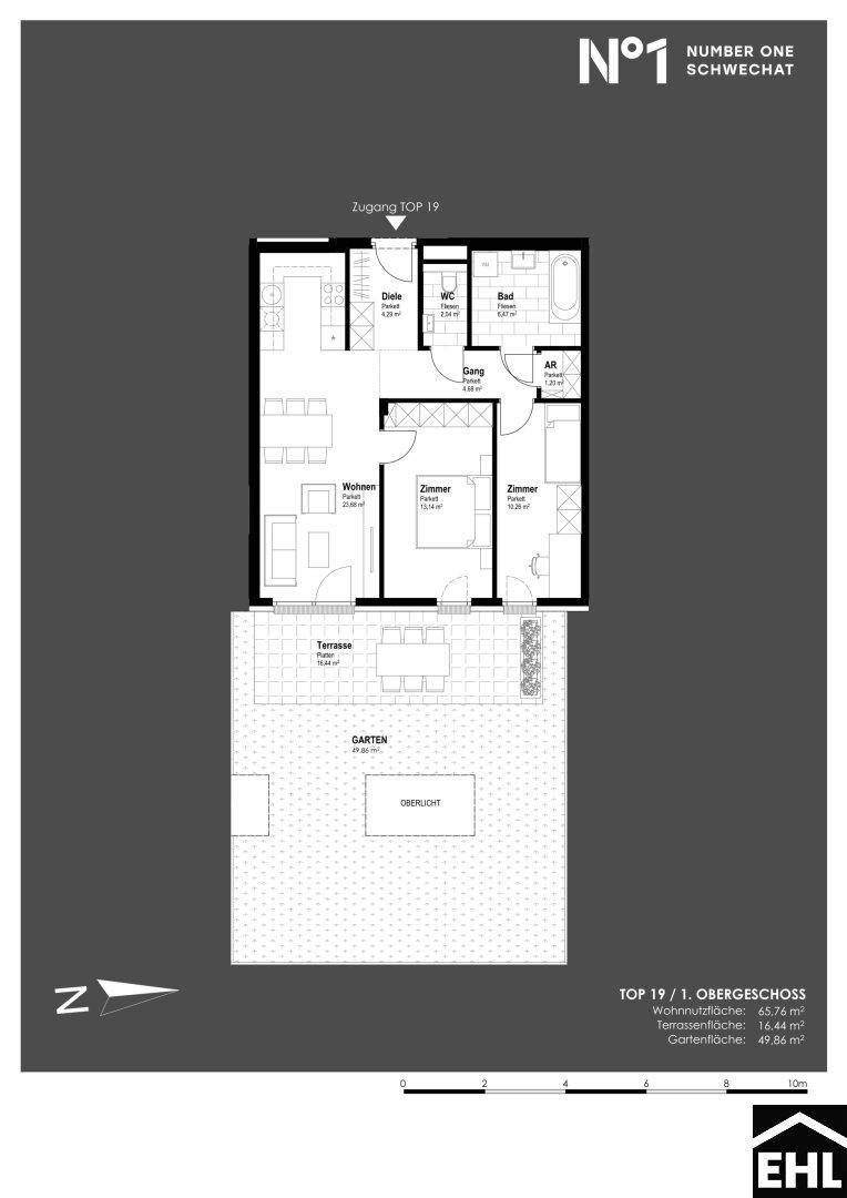 Grundriss für eine Wohnung im ersten Obergeschoss mit Terrasse und Garten.