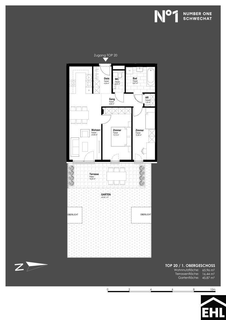 Grundriss der Wohnung TOP 20 mit Terrasse und Gartenbereich im Obergeschoss.