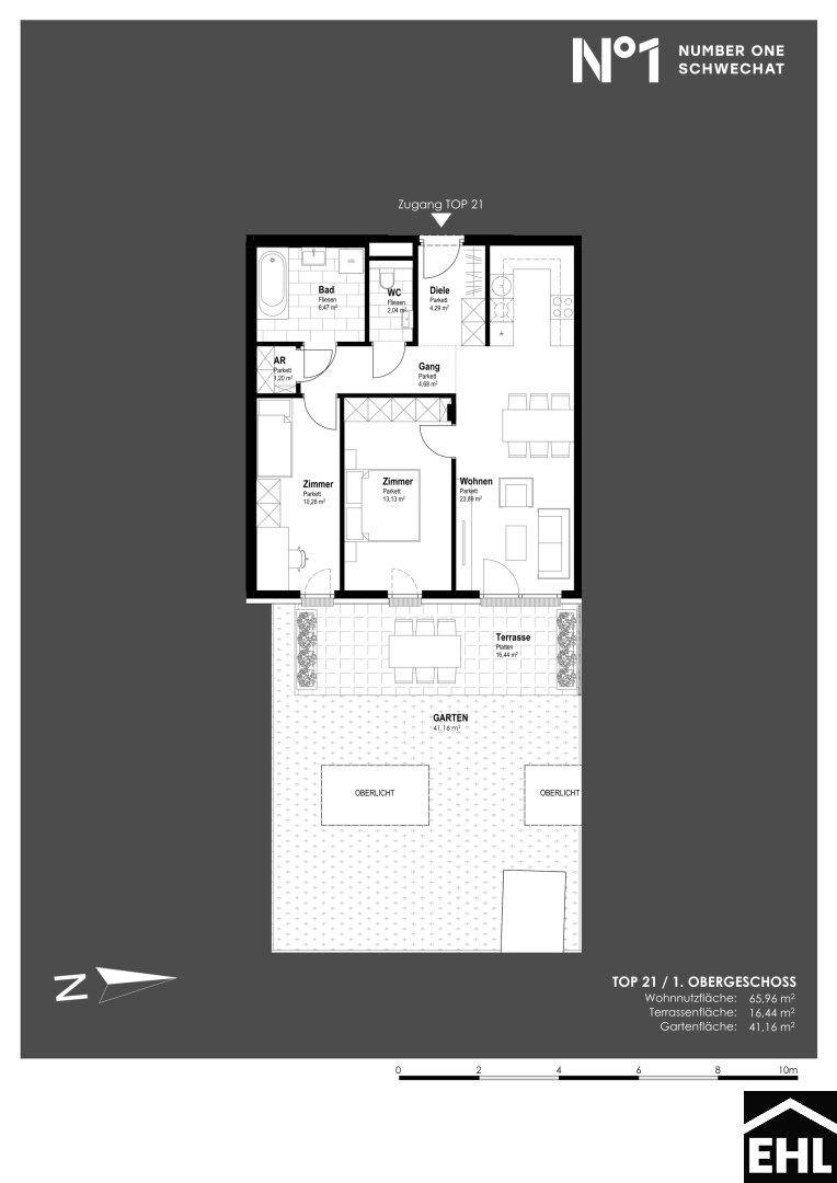 Grundriss der Wohnung TOP 21 im Obergeschoss mit Terrasse und Garten.