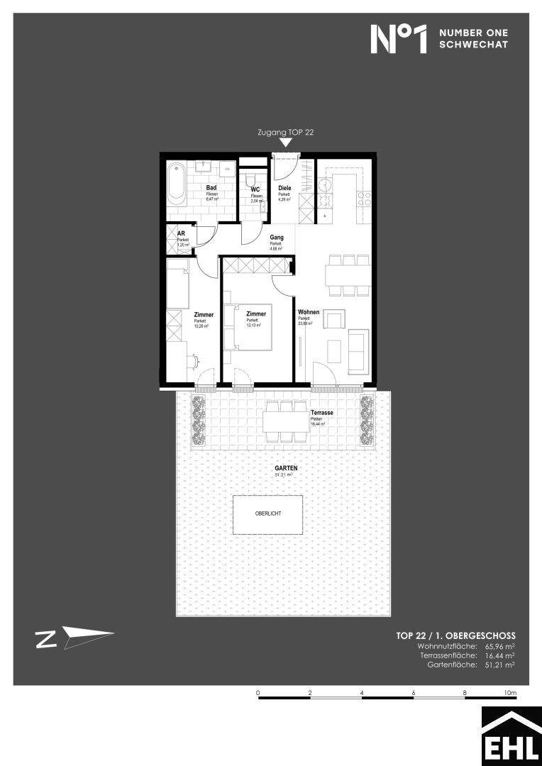 Grundriss der Wohnung TOP 22 im Obergeschoss mit zwei Schlafzimmern, Terrasse und Garten.