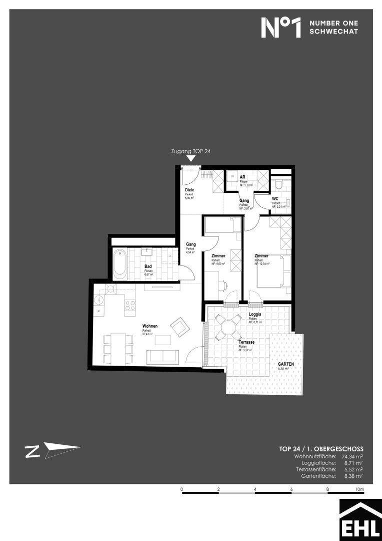 Grundriss der Wohnung TOP 24 im ersten Obergeschoss mit Loggia, Terrasse und Garten.