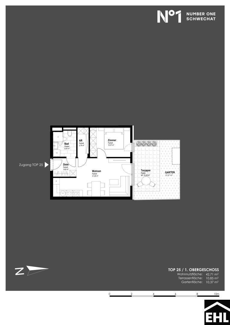 Grundriss für eine Wohnung im ersten Obergeschoss mit Wohnzimmer, Schlafzimmer, Terrasse und Garten.