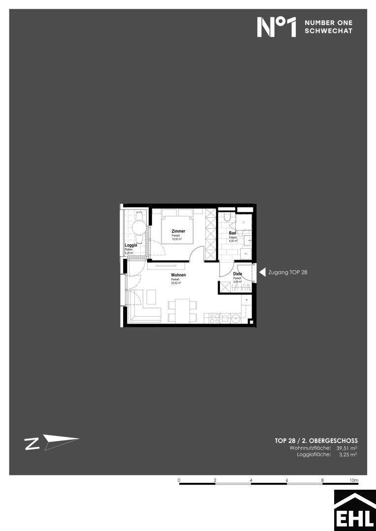 Grundriss der Wohnung TOP 28 im zweiten Obergeschoss mit Loggia und einem Schlafzimmer.