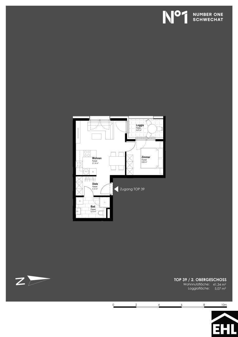 Grundriss der Wohnung TOP 39 im zweiten Obergeschoss mit Loggia und separatem WC.