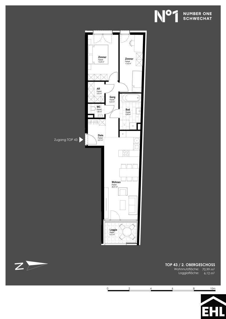Grundriss einer Wohnung im zweiten Obergeschoss mit Loggia und mehreren Zimmern.
