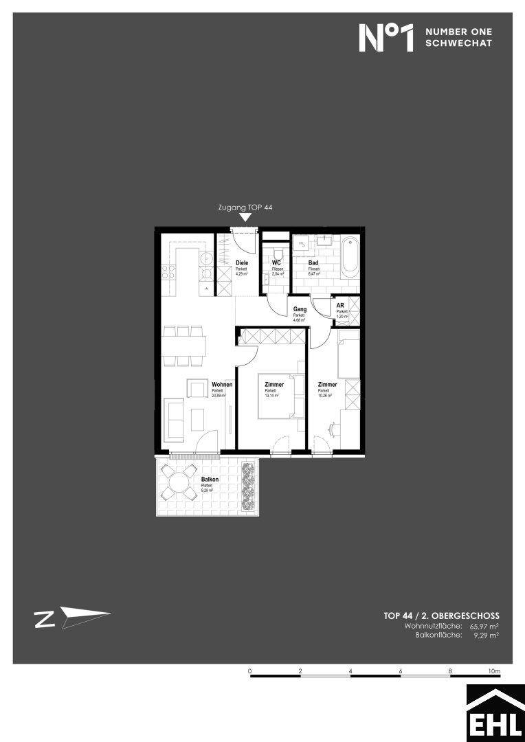 Grundriss einer Wohnung mit offenem Wohnbereich, zwei Schlafzimmern, Bad, WC und Balkon.