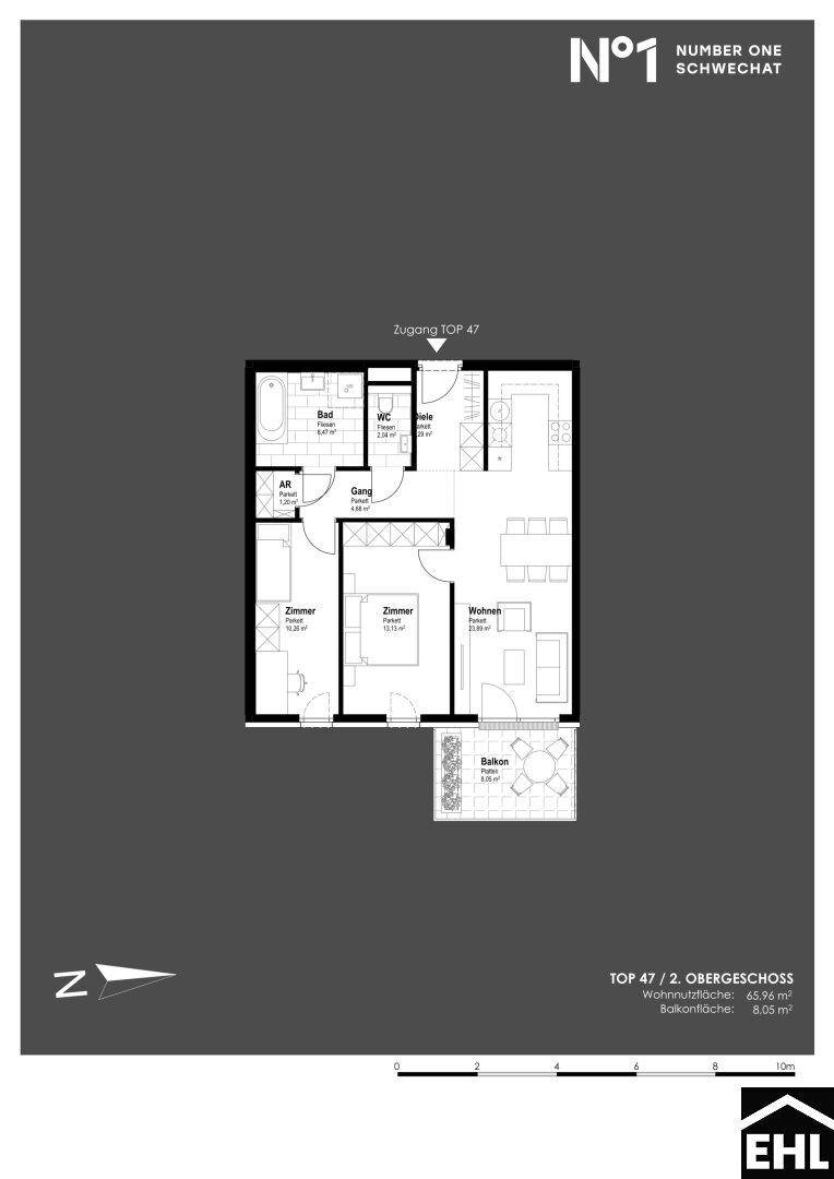 Grundriss einer Wohnung mit zwei Zimmern, Bad, WC und Balkon.