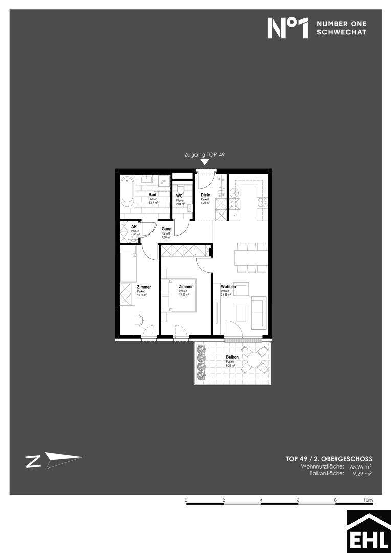 Grundriss einer Wohnung mit Wohnbereich, zwei Zimmern, Bad, WC und einem Balkon.