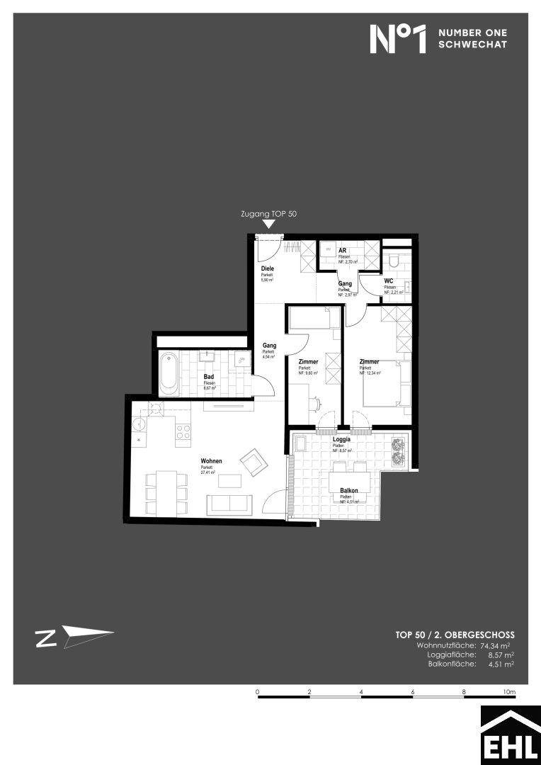 Grundriss der Wohnung TOP 50 im zweiten Obergeschoss mit Loggia und Balkon.