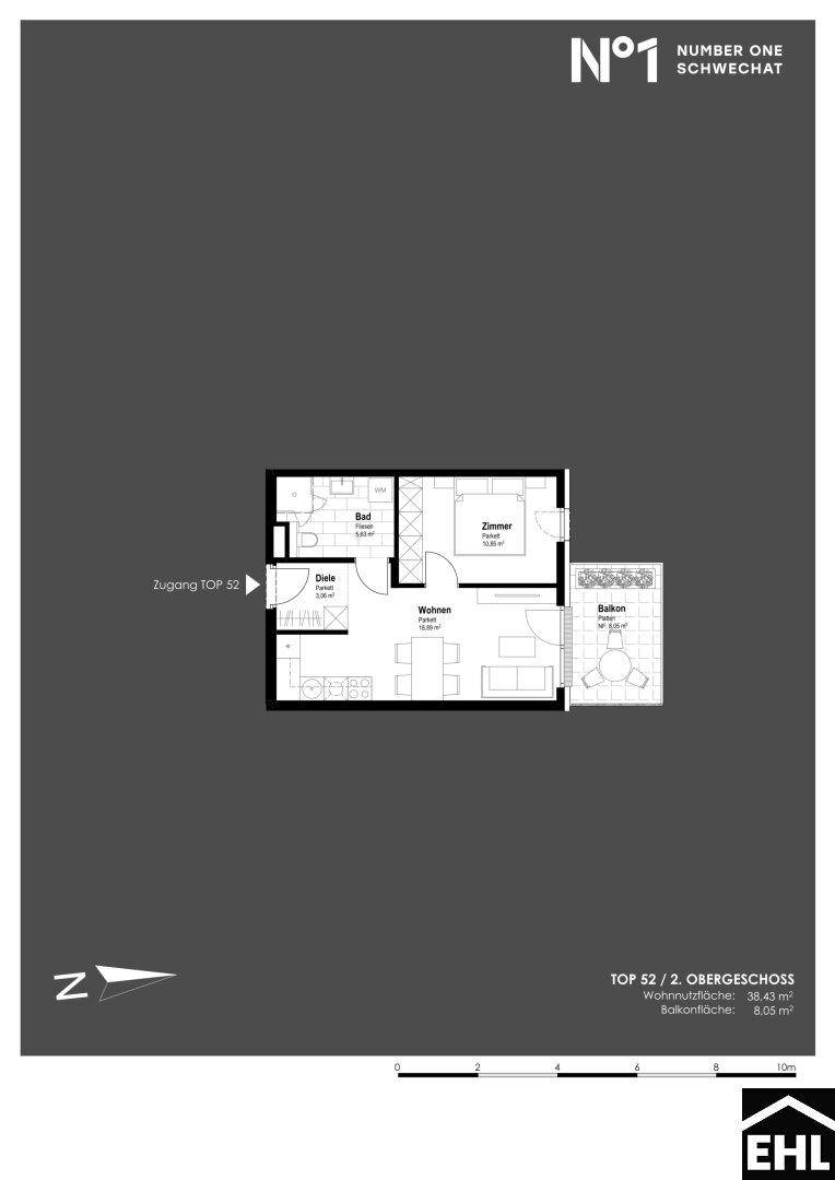 Grundriss der Wohnung TOP 52 im zweiten Obergeschoss mit Wohnzimmer, Schlafzimmer und Balkon.
