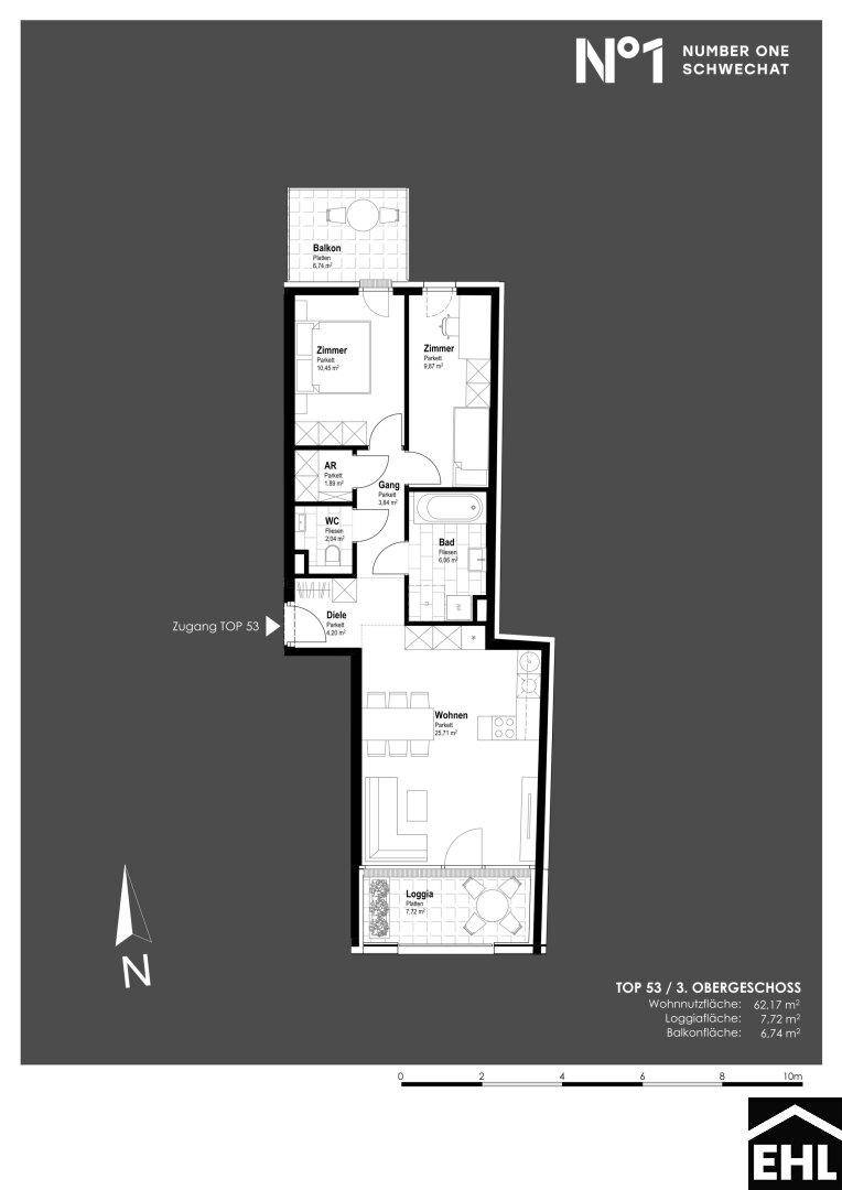 Grundriss einer Wohnung im dritten Obergeschoss mit Balkon und Loggia.