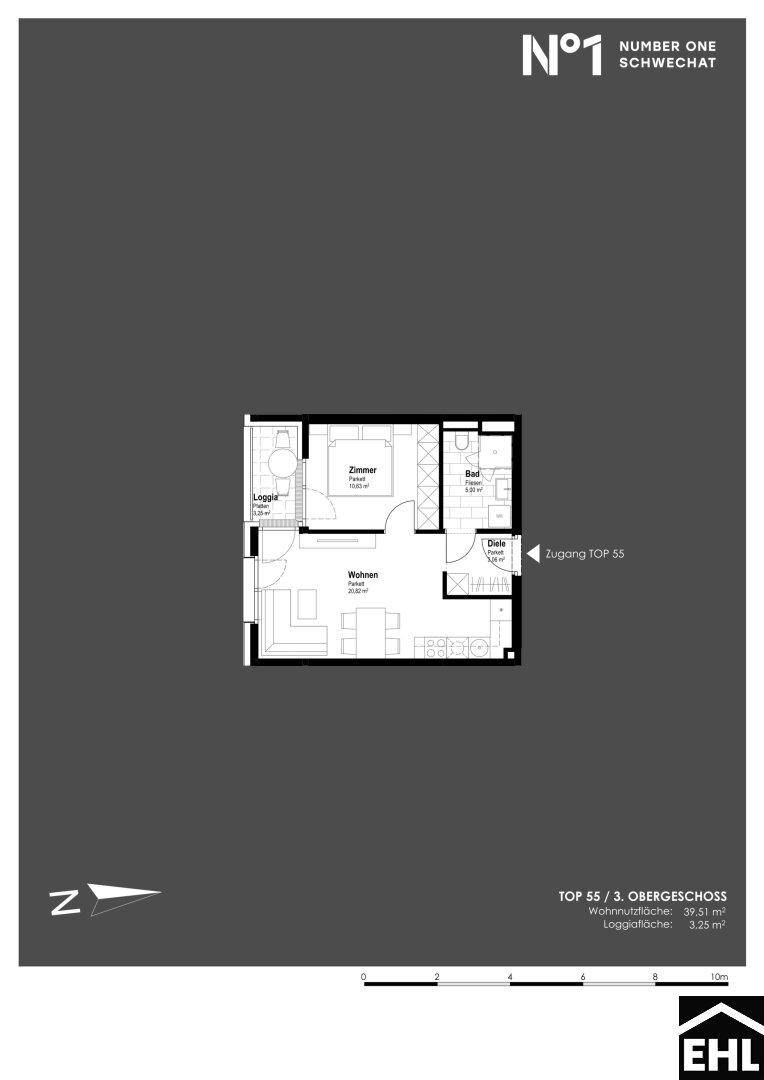 Grundriss einer kleinen Wohnung mit einem Zimmer, Wohnbereich, Loggia und Bad.