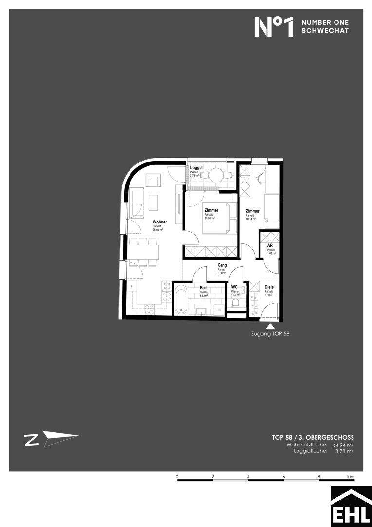 Grundriss der Wohnung TOP 58 im 3. Obergeschoss mit Loggia, Wohnzimmer und zwei Schlafzimmern.