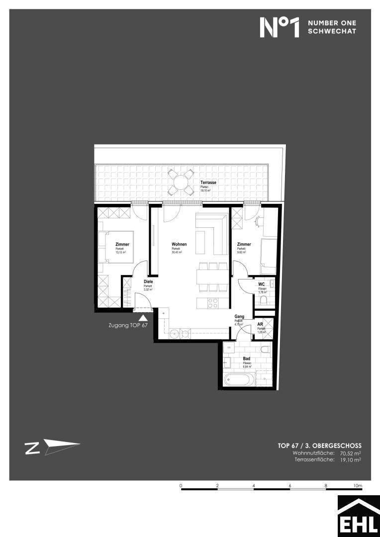 Grundriss einer Wohnung im dritten Obergeschoss mit zwei Zimmern, Wohnbereich und großer Terrasse.