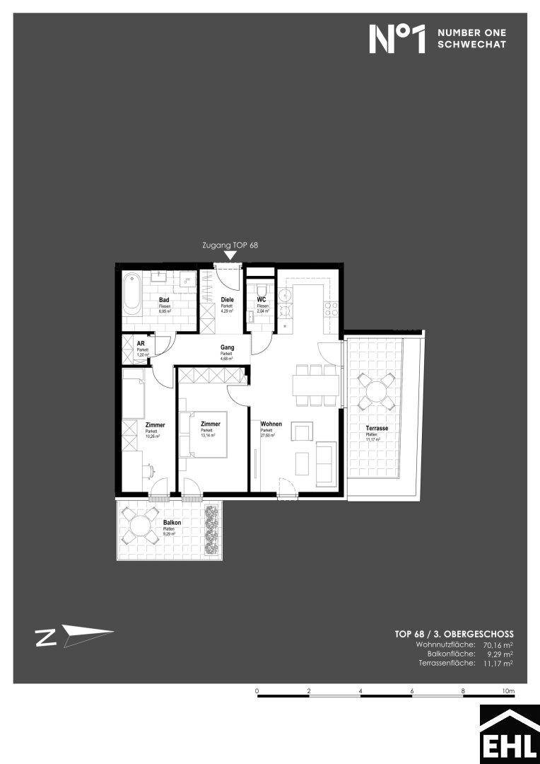 Grundriss einer Wohnung im dritten Obergeschoss mit Balkon und Terrasse.