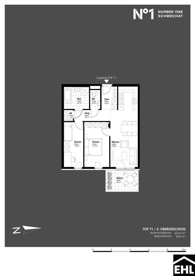 Grundriss einer Wohnung mit drei Zimmern, Bad, WC und Balkon im dritten Obergeschoss.