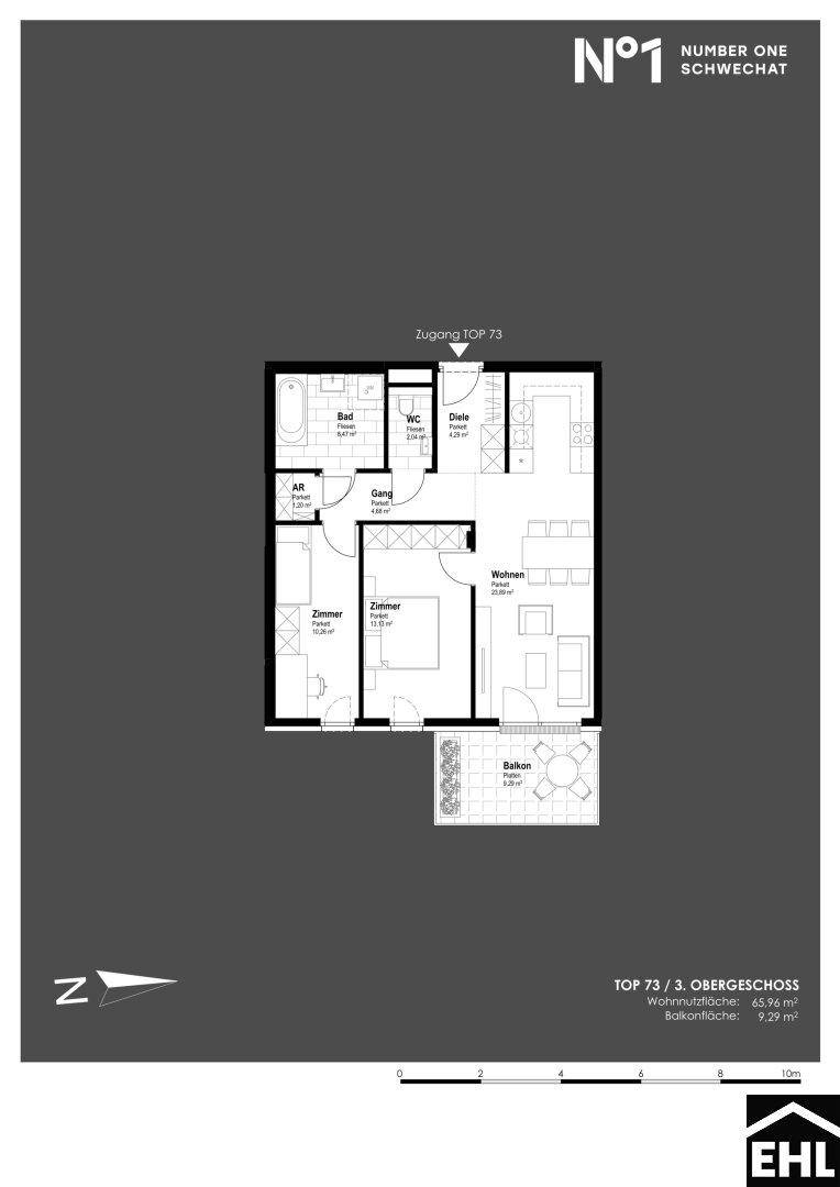 Grundriss einer Wohnung mit drei Zimmern, Bad, WC und Balkon.