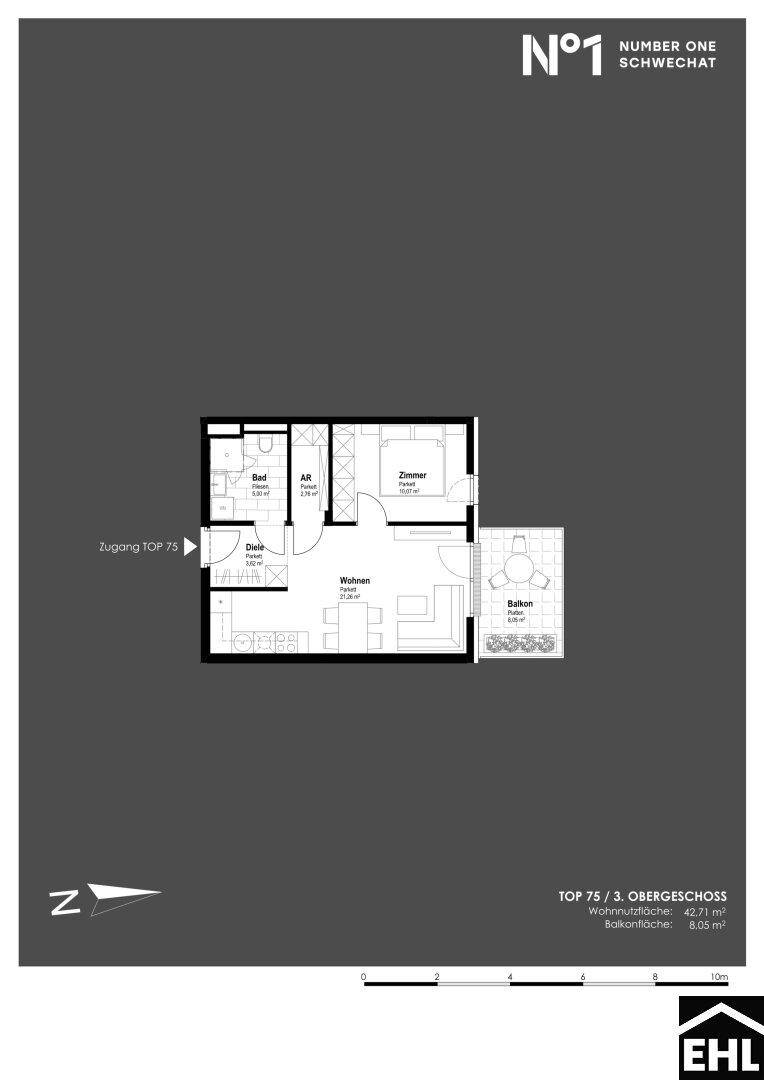 Grundriss einer Wohnung im dritten Obergeschoss mit Balkon und offenem Wohnbereich.