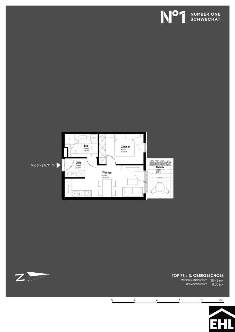 Grundriss für eine kleine Wohnung im 3. Obergeschoss mit Wohnzimmer, Schlafzimmer und Balkon.