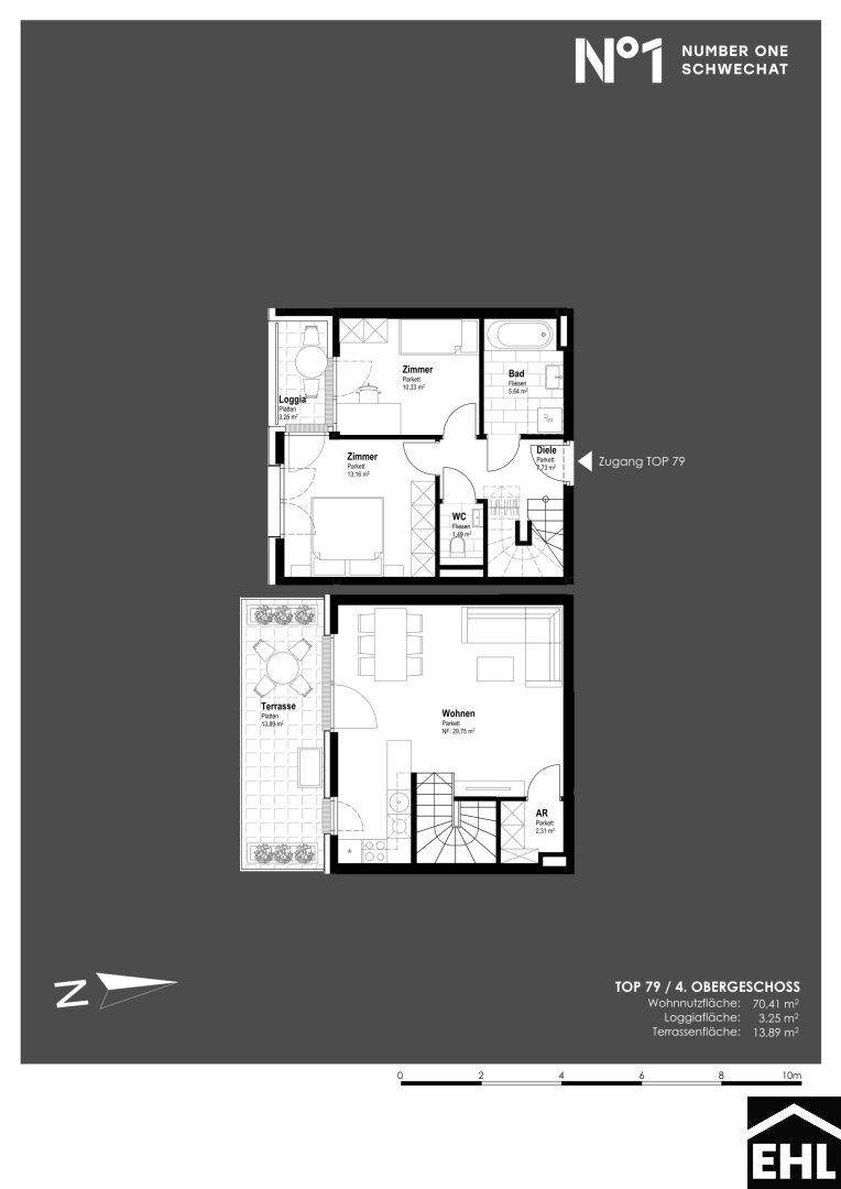 Grundriss einer Maisonette-Wohnung im Obergeschoss mit Terrasse und separatem WC.