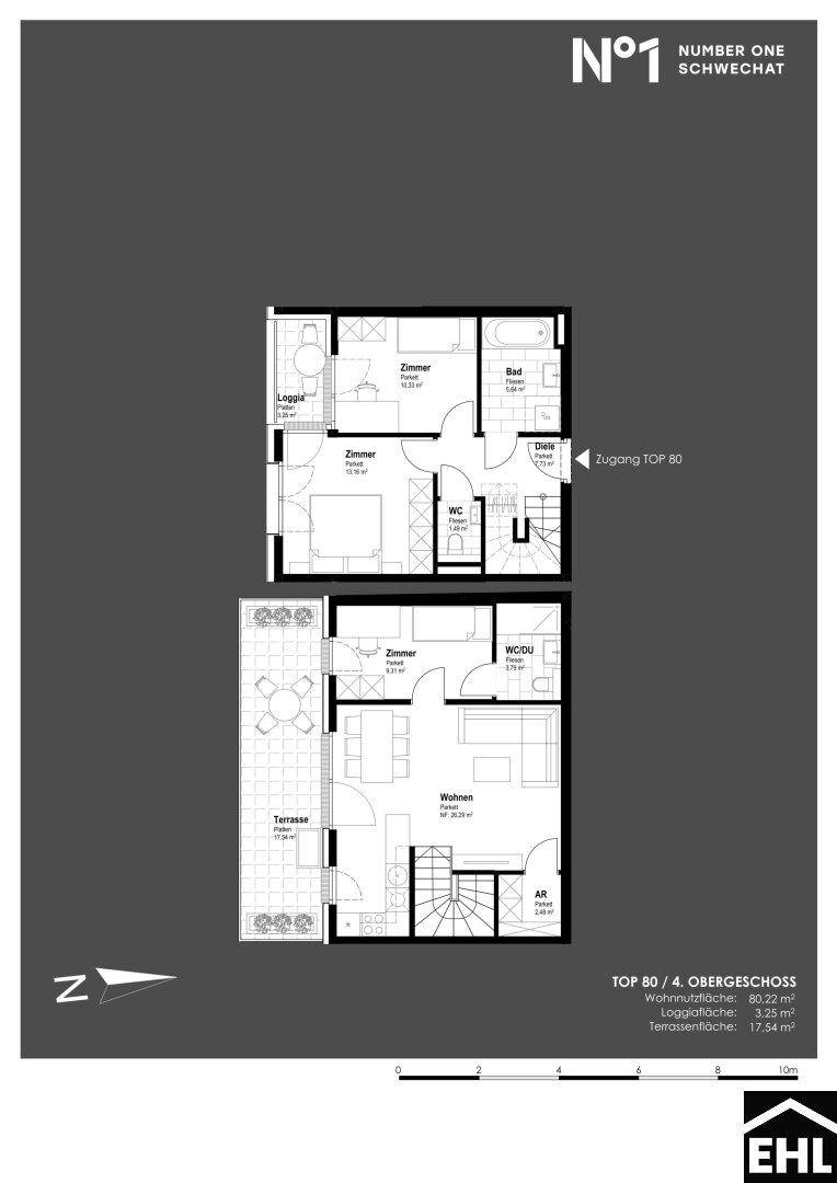 Grundriss für eine Maisonette-Wohnung im 4. Obergeschoss mit Loggia und großer Terrasse.