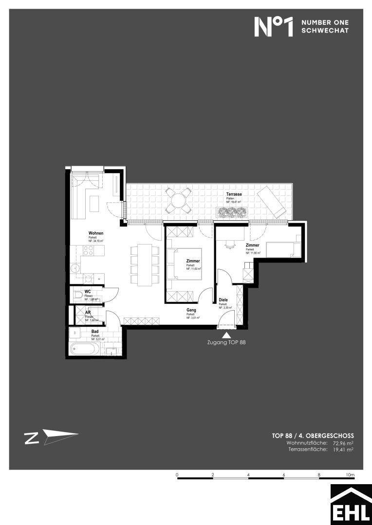 Grundriss einer Wohnung mit Wohnzimmer, Küche, Schlafzimmern, Bad und großer Terrasse.