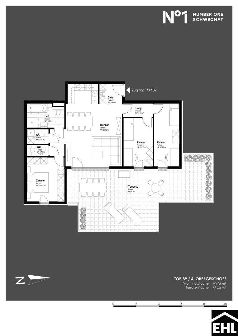 Grundriss der Wohnung TOP 89 im 4. Obergeschoss mit großzügiger Terrasse und offenem Wohnbereich.