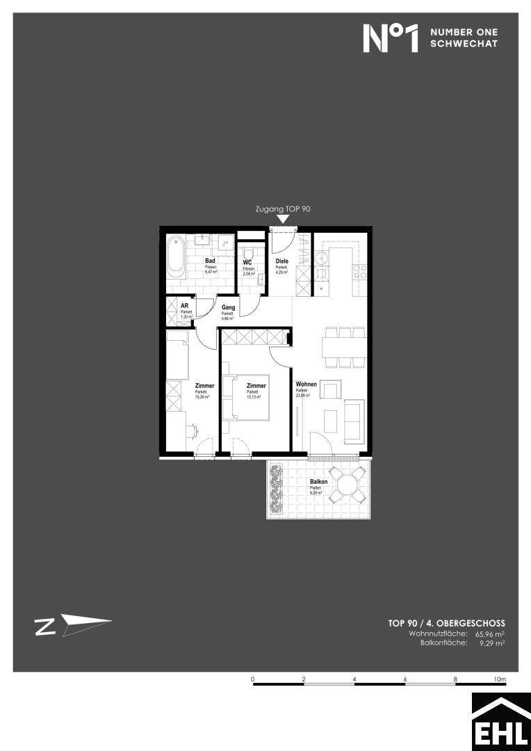 Grundriss der Wohnung TOP 90 im 4. Obergeschoss mit Balkon und drei Zimmern.
