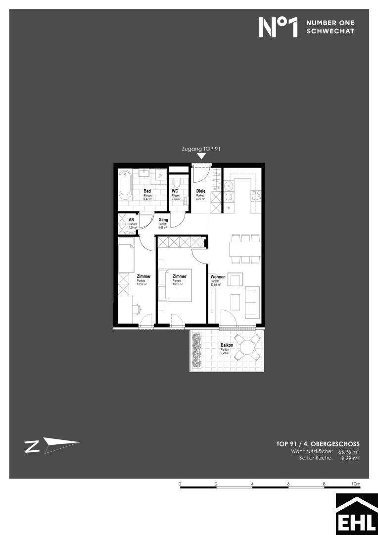 Grundriss der Wohnung TOP 91 im 4. Obergeschoss mit Balkon und offener Wohnküche.