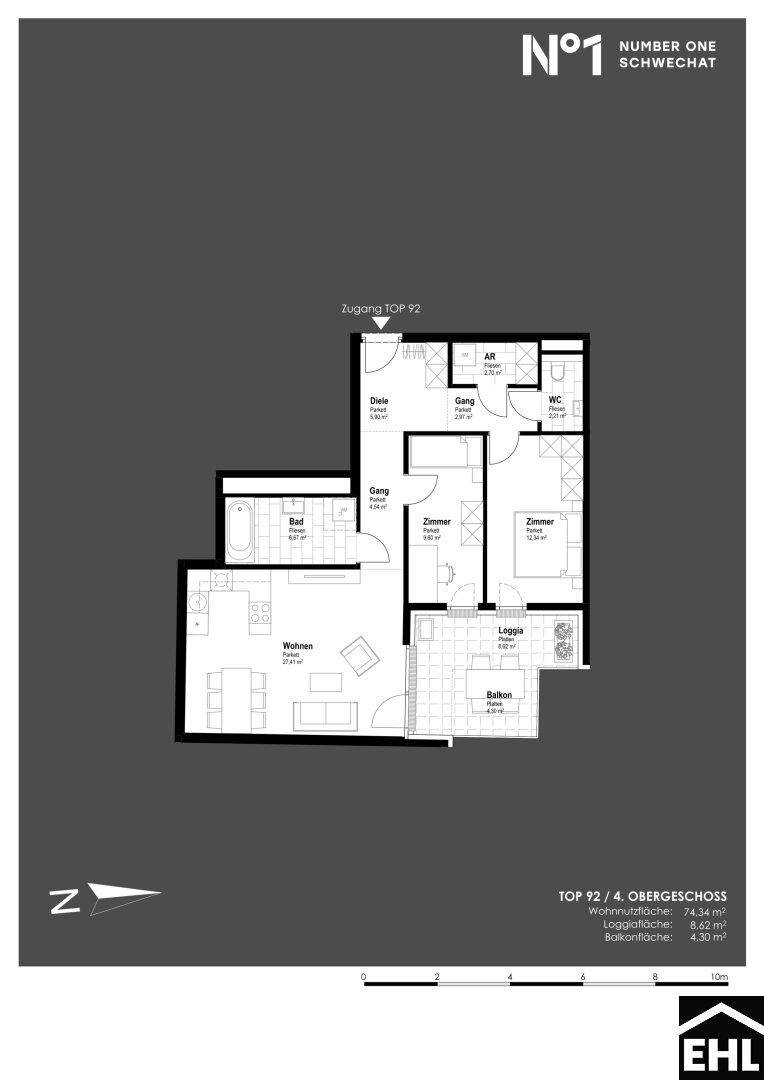 Grundriss einer Wohnung im vierten Obergeschoss mit Wohnbereich, zwei Zimmern und Loggia.