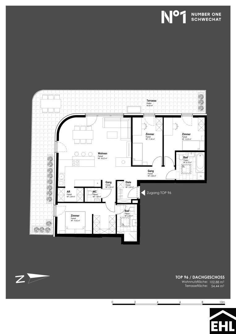 Grundriss einer Dachgeschosswohnung mit großer Terrasse, offenem Wohnbereich und zwei Bädern.
