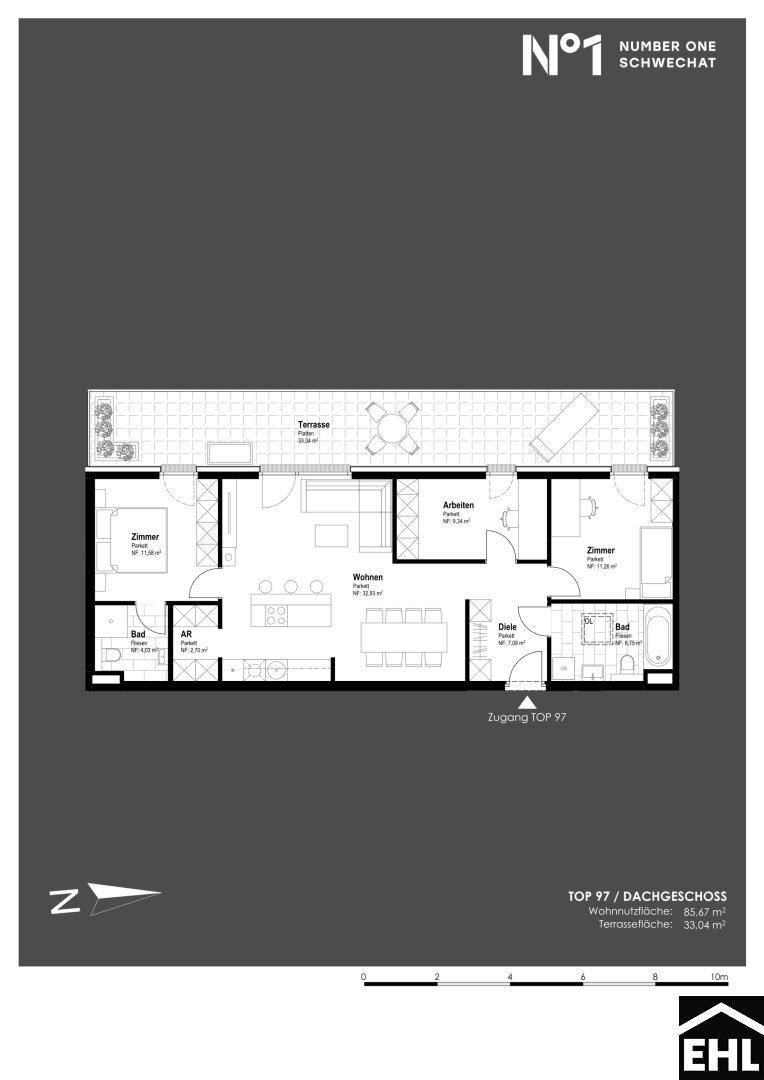 Grundriss der Dachgeschosswohnung TOP 97 mit Terrasse und drei Zimmern.