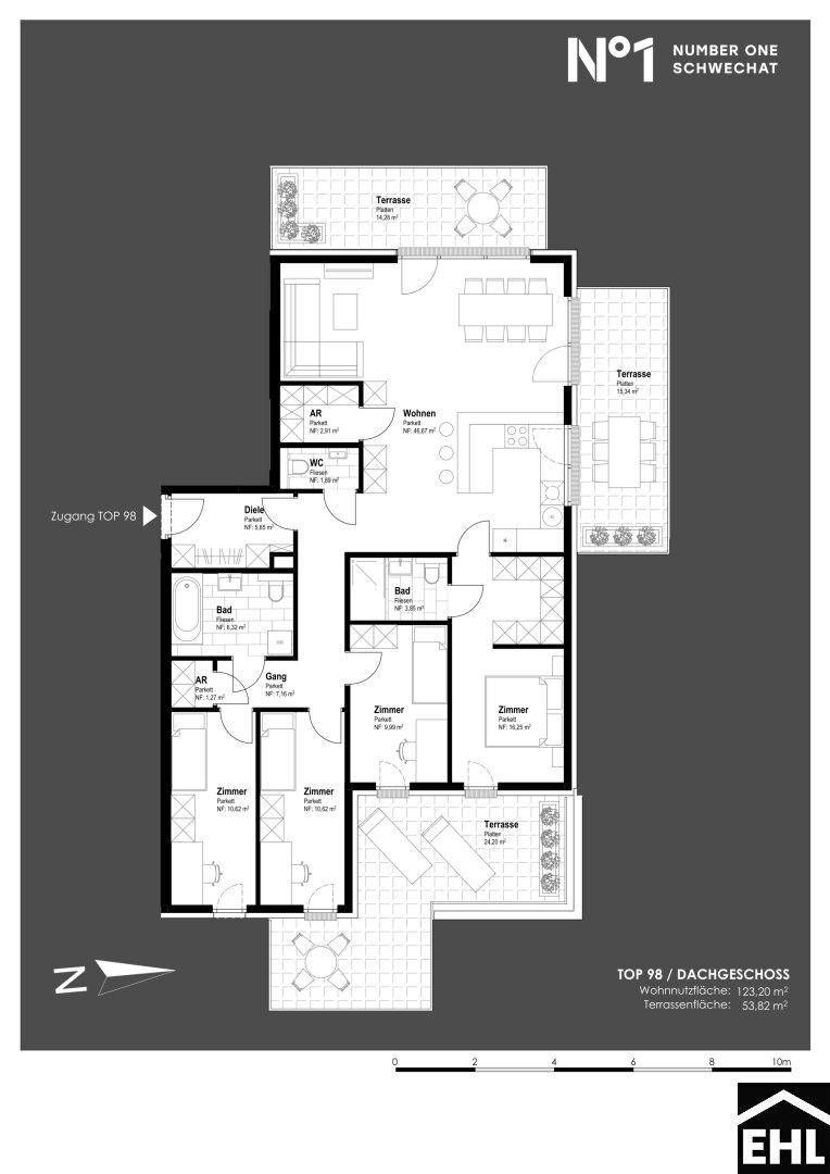 Grundriss der Dachgeschosswohnung TOP 98 mit drei Zimmern, zwei Bädern und zwei Terrassen.