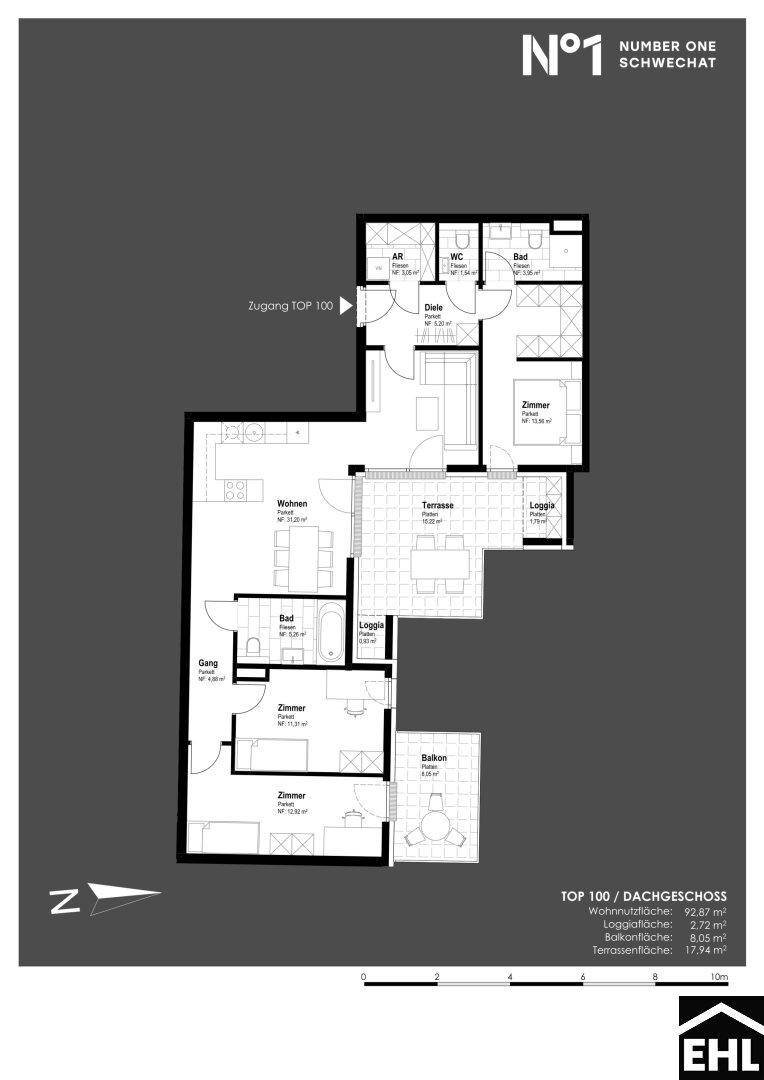 Detaillierter Grundriss einer Dachgeschosswohnung mit Terrasse, Loggia und Balkon.