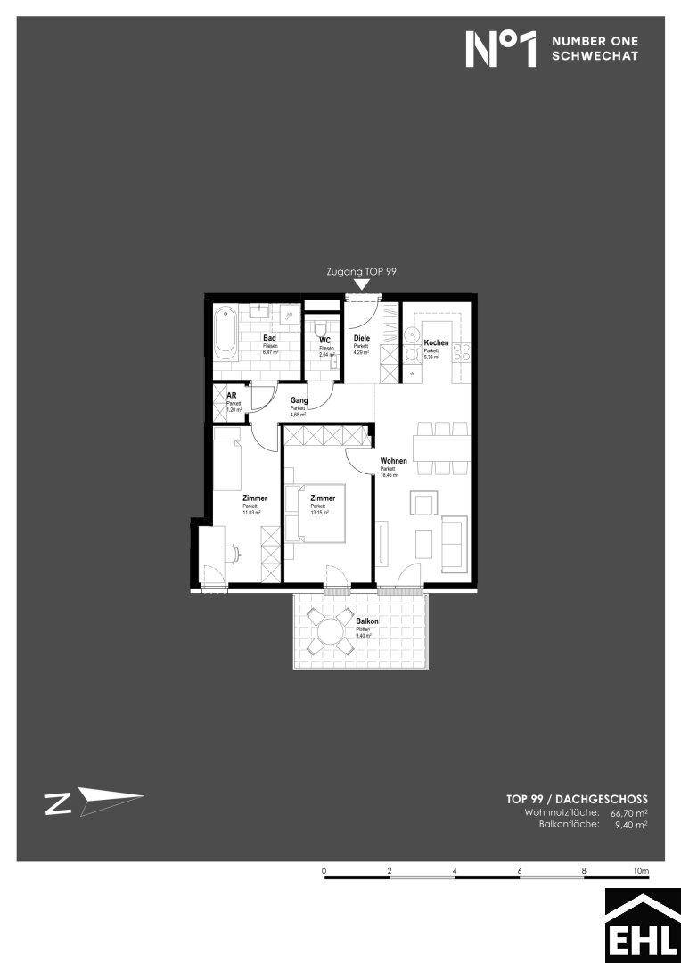 Grundriss des Dachgeschosses Top 99 mit Wohnbereich, zwei Zimmern, Bad, WC und Balkon.