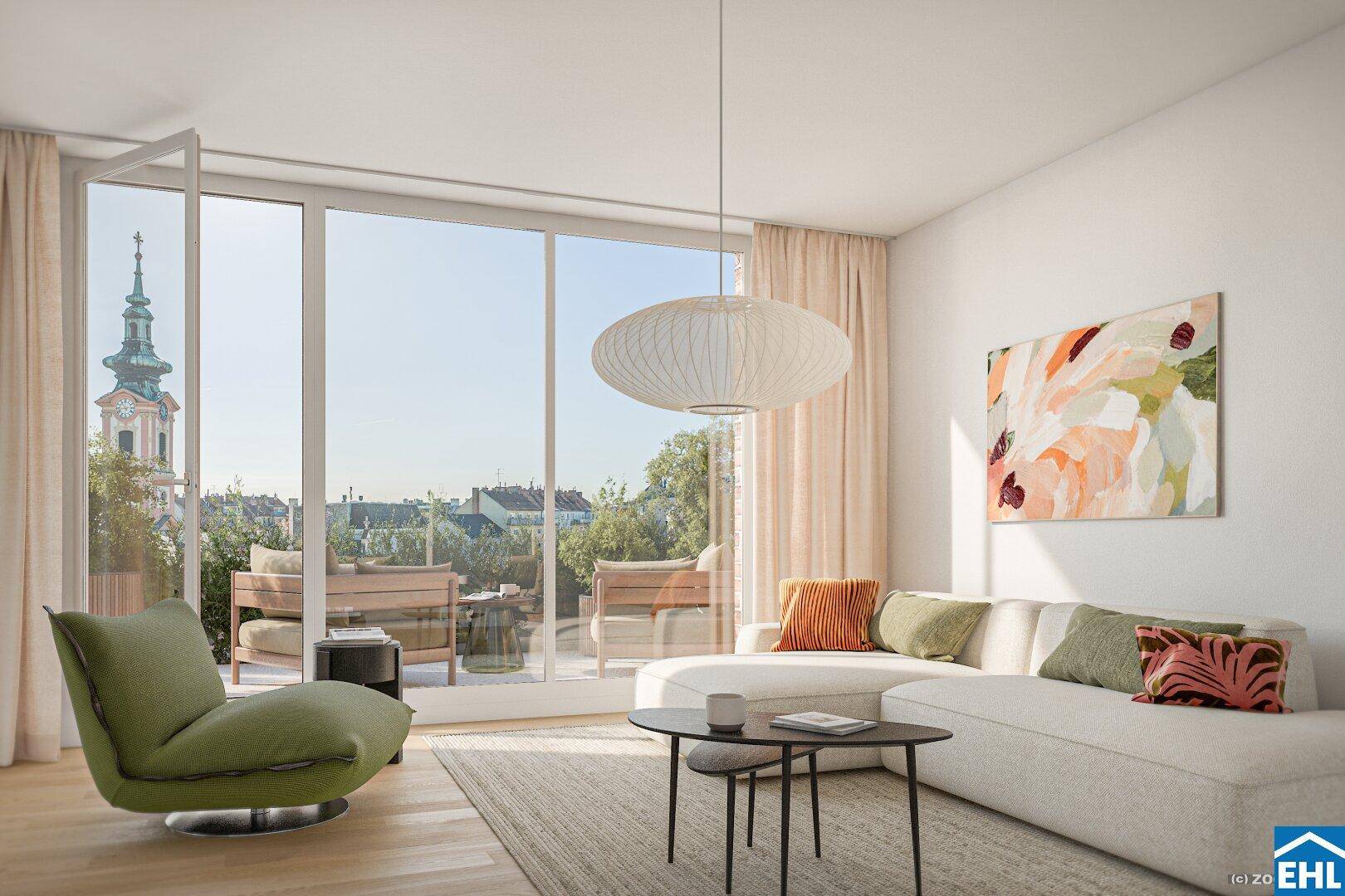 Helles, modern eingerichtetes Wohnzimmer mit großen Fenstern, Balkonzugang und Stadtblick.