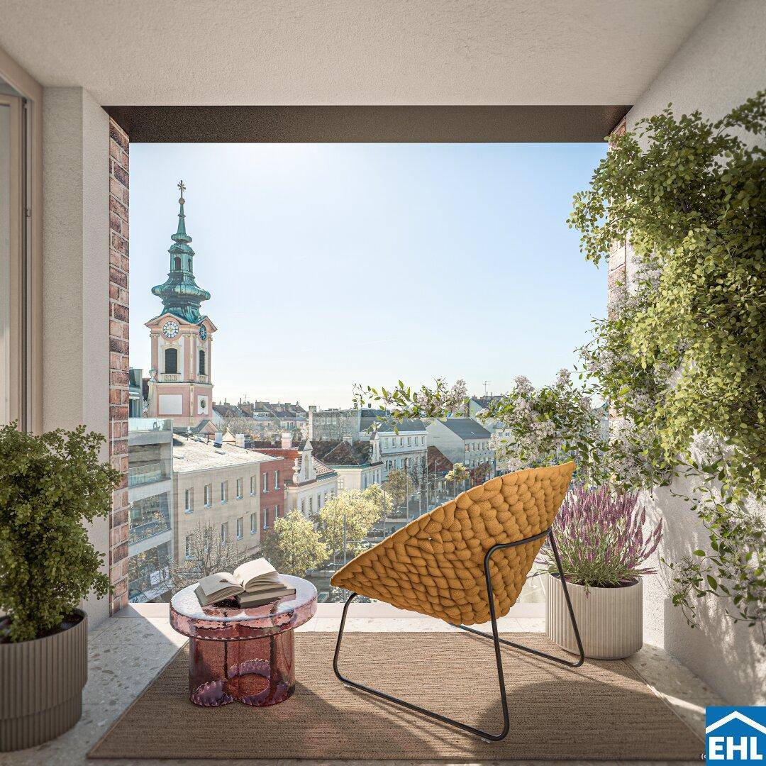 Visualisierung eines modernen Balkons mit Stadtblick und gemütlicher Sitzgelegenheit, umgeben von Pflanzen.