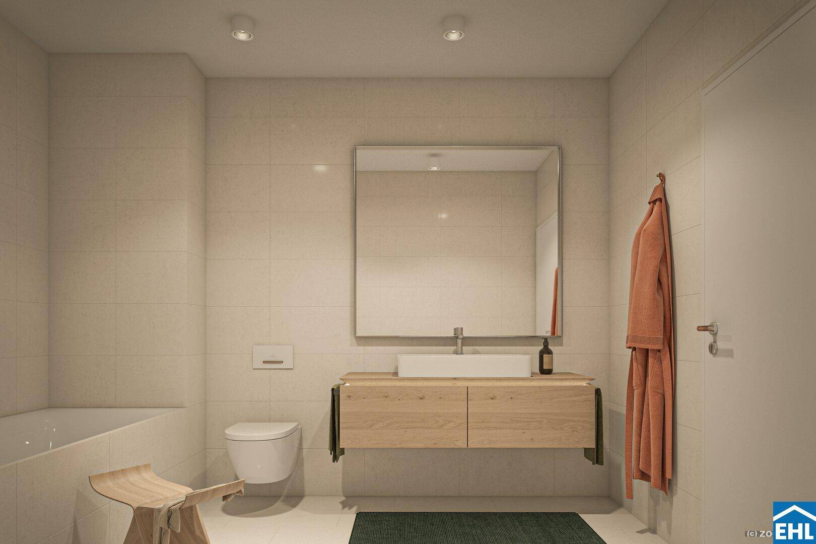 Modernes Badezimmer mit Badewanne, schwebendem Waschtisch und großem Spiegel.