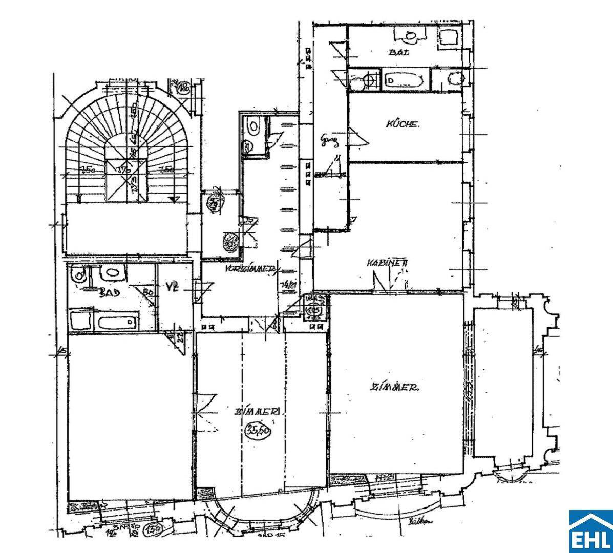 Historischer Grundriss einer Wohnung mit mehreren Zimmern, Bad und Küche.