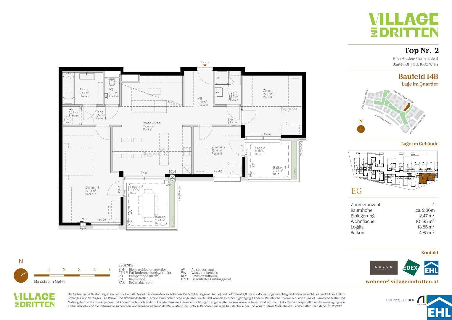 Grundriss einer Wohnung mit drei Zimmern, offener Wohnküche, zwei Bädern, separatem WC, Loggia und Balkon.