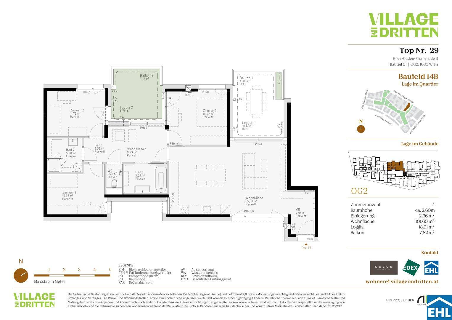 Grundriss einer Wohnung mit drei Zimmern, Balkon und Loggia, detailliert dargestellt.