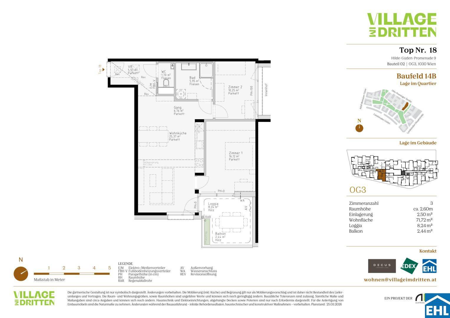 Detaillierter Grundriss einer 3-Zimmer-Wohnung im dritten Obergeschoss mit offener Wohnküche, Loggia und Balkon.